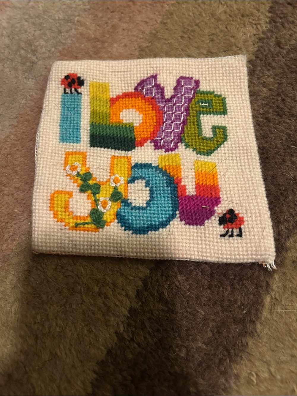 vintage Colorful "I Love You" Cross Stitch Art